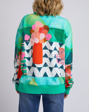 Behind The Trees - Elm - Private Universe Crew - All Over Green Print - art design sweater - unique sweater - colourful sweater - cotton sweater under $100