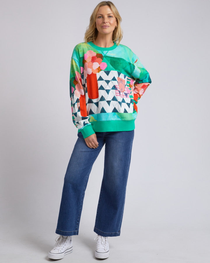 Behind The Trees - Elm - Private Universe Crew - All Over Green Print - art design sweater - unique sweater - colourful sweater - cotton sweater under $100