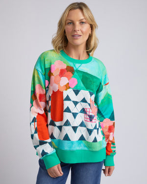 Behind The Trees - Elm - Private Universe Crew - All Over Green Print - art design sweater - unique sweater - colourful sweater - cotton sweater under $100