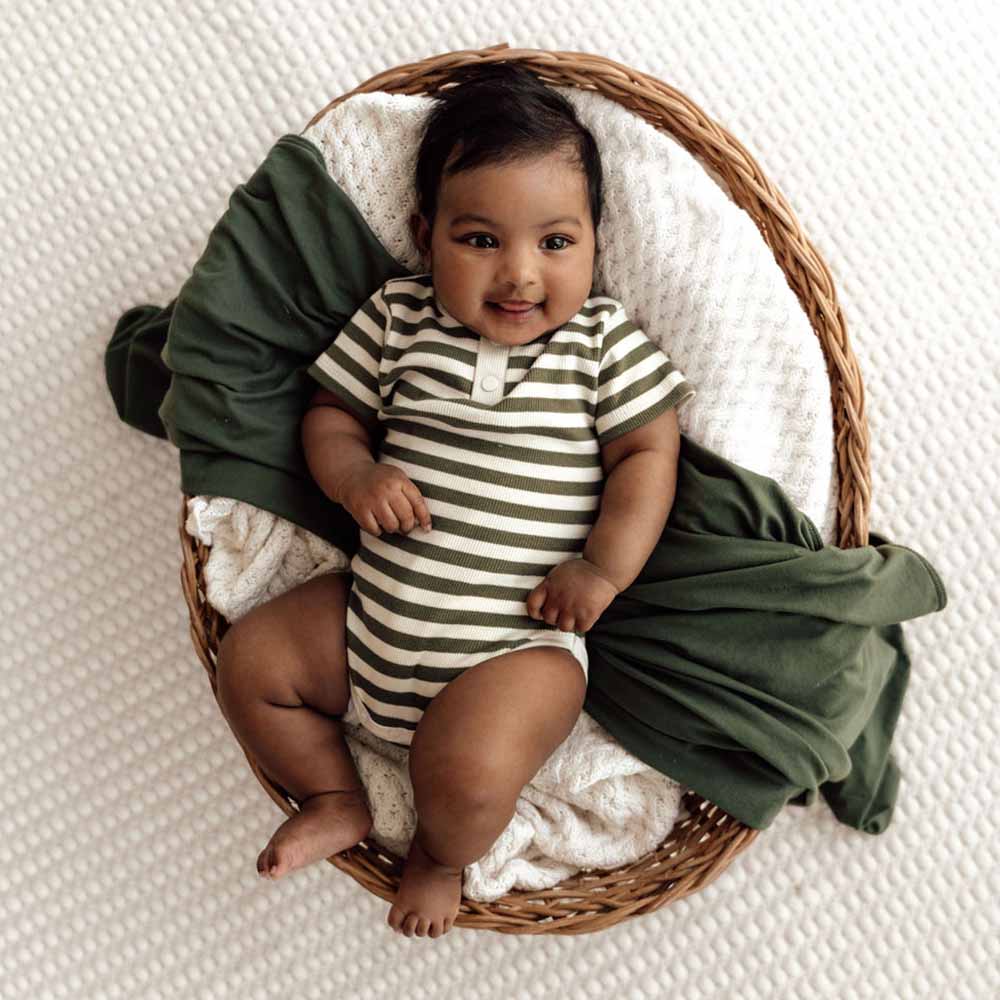 Snuggle Hunny - Short Sleeve Organic Bodysuit - Olive Stripe