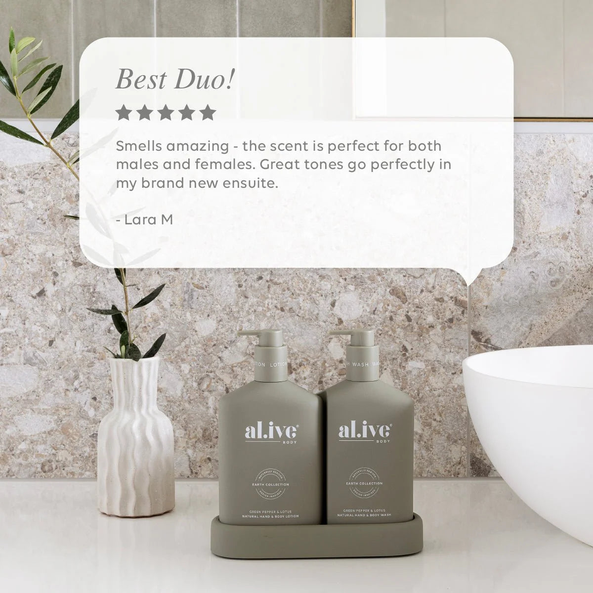 Behind The Trees - Two bottles of 'al.ive' body products with a decorative box on a white background - al.ive - Wash & Lotion Duo - Green Pepper & Lotus