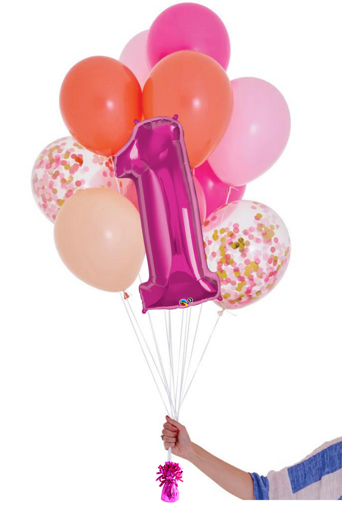 READY TO GO -  Inflated Balloon Bouquet - Pink Shimmer + Foil Number in Pink