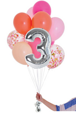 READY TO GO -  Inflated Balloon Bouquet - Pink Shimmer + Foil Number in Silver