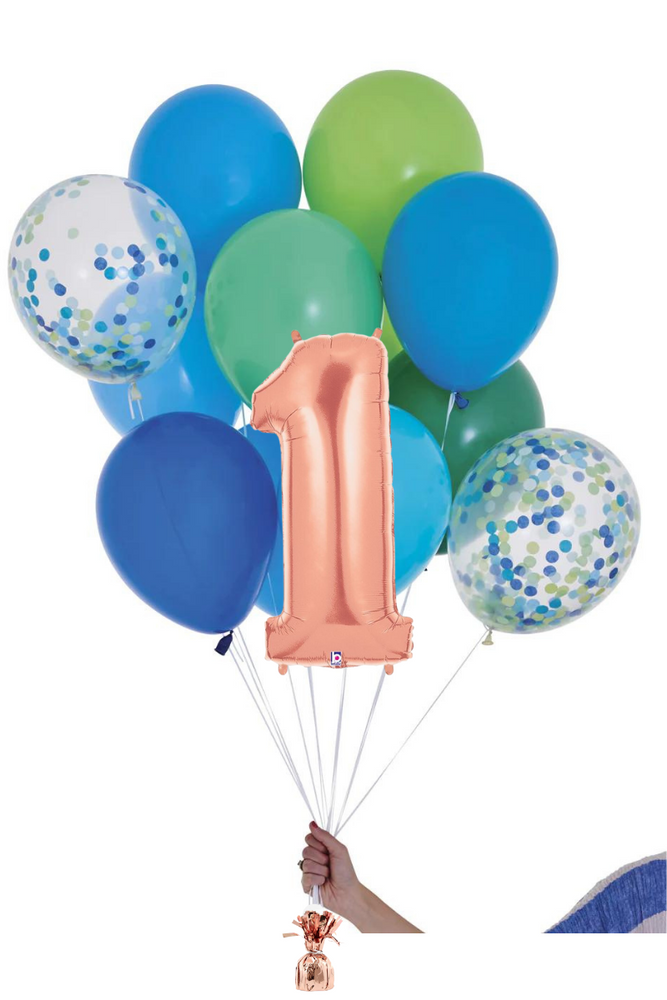 
                
                    Load image into Gallery viewer, READY TO GO -  Inflated Balloon Bouquet - Handsome + Foil Number in Rose Gold
                
            