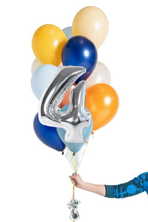 READY TO GO -  Inflated Balloon Bouquet - True Blue + Foil Number in Silver
