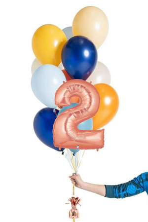 READY TO GO -  Inflated Balloon Bouquet - True Blue + Foil Number in Rose Gold