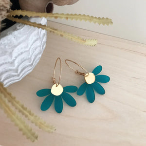 Behind The Trees - Foxie Collective - Jumbo Daisy Hoop Earrings - Frosted Teal + Gold - Stunning earrings under $50 - Mothers Day gift