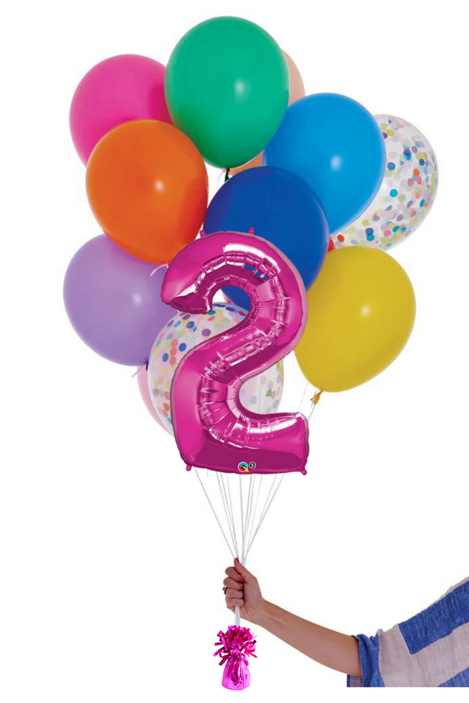 READY TO GO -  Inflated Balloon Bouquet - Rainbow + Foil Number in Pink