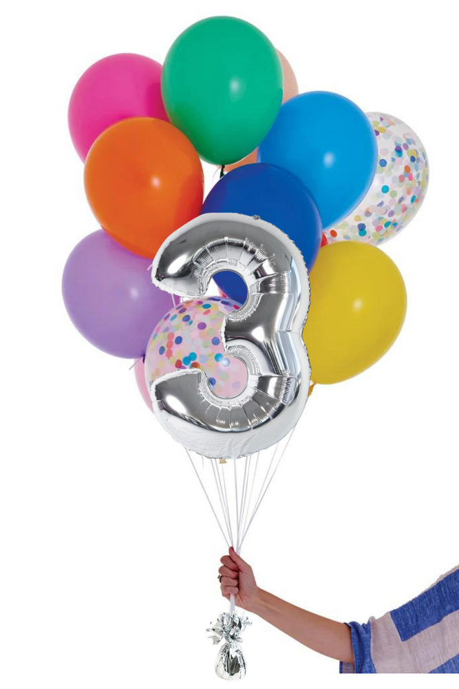READY TO GO -  Inflated Balloon Bouquet - Rainbow + Foil Number in Silver