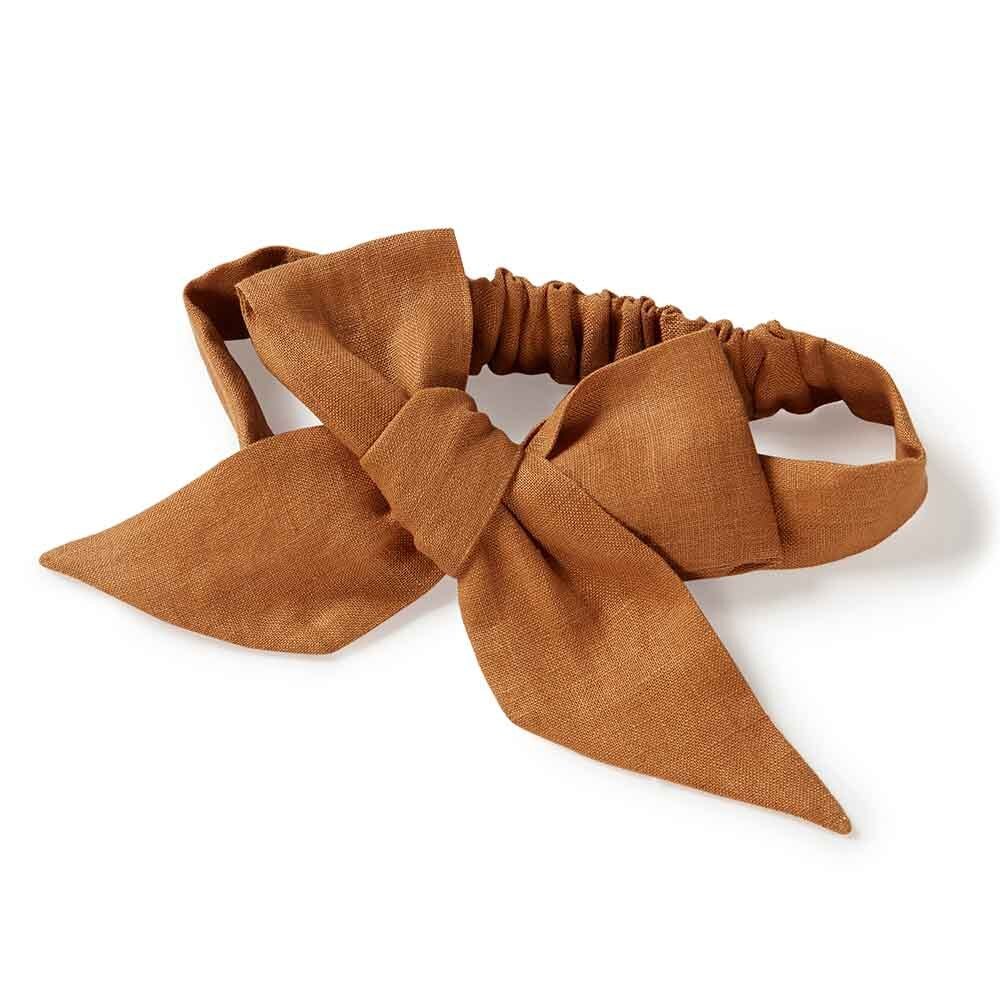 The Little Tree Store - Snuggle Hunny - Pre Tied Linen Bow - Baby & Toddler - Mustard - hair bow for baby - cute linen bow for baby - baby hair accessories - toddler hair accessories